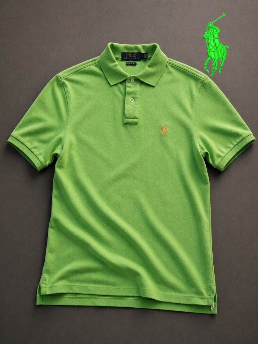 Polo Ralph Lauren Green Piqué Polo Shirt Orange Pony Logo Men's Small SP